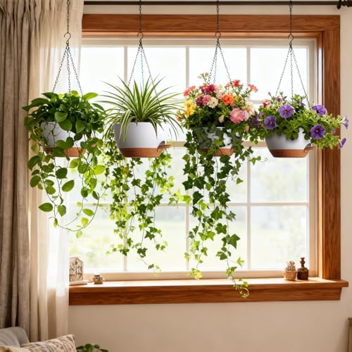 UOUZ 4 Pack 8 Inch Self Watering Hanging Planters for Indoor Outdoor Plants，Hanging Pots for Plants with Drainage Removable Tray, Hanging Baskets Flower Pots for Pothos Garden Porch White with Brown - Image 6