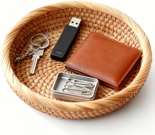Handwoven Rattan Small Key Bowl - 7.6 Inch Round Catch All Tray for Keys,Coins, Wallet, Jewelry - Natural Wicker Organizer for Entryway, Desk, Nightstand by Socospace