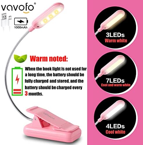 VAVOFO Rechargeable Book Light for Reading in Bed Kids, 7 LED Reading Light with 9-Level Warm Cool White Daylight, Eye Care Lamp with Power Indicator for Bookworms (Pink) - Image 3