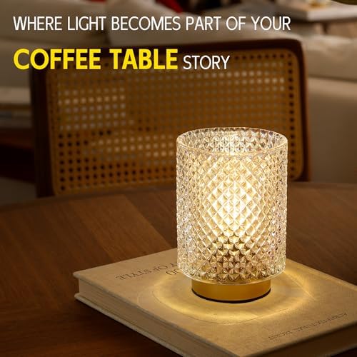 Battery Operated Lamp,Cordless Glass Accent Table Lamp with Timer for Bedside,Small Decorative Lamp with Warm White LED Bulb for Nightstand/Bookshelf/Entryway/Tabletop/Counter Decor(Iridescent Clear) - Image 2