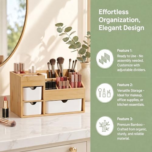 Bamboo Makeup Organizer with 3 Drawers & Adjustable Dividers, Desk Cosmetic Storage Box, Vanity Countertop Organizer for Bathroom, Office, Bedroom, Natural Bamboo Color (11.5x5.4in) - Image 4