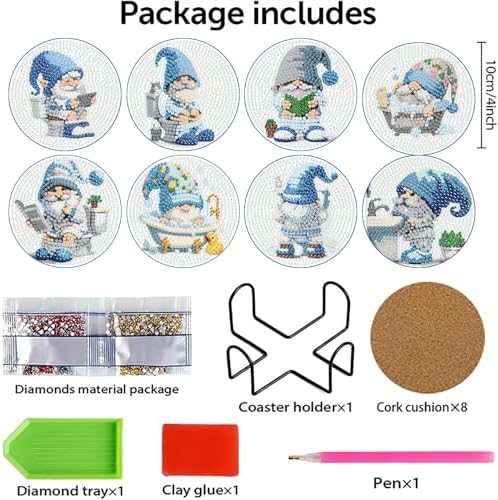 8 Pcs Diamond Art Coasters, Gnome Diamond Painting Coasters Kits for Adults Beginners, Gem Art Coasters with Holder, Funny DIY Crafts for Home Decor Warming Gifts - Image 7