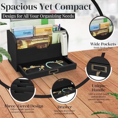 Flexzion Wood Desk Organizer, 3-Tier Mail Organizer w/Drawer, Light Brown - Image 4