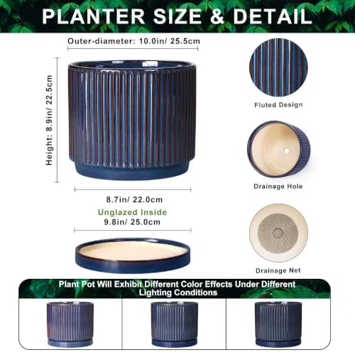 Ceramic Planter, 10 Inch Plant Pots with Saucer, Retro Blue - Image 2