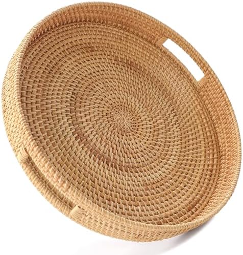 HITOMEN 14.2" Hand-Woven Round Rattan Serving Tray Decorative Ottoman Wicker Platter with Handles for Coffee Table, Breakfast, Drinks, Snack, Bread, Fruit, Vegetables (Natural-L) by HITOMEN