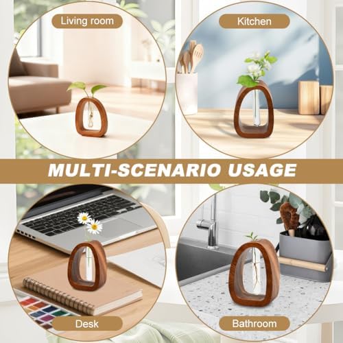 Solid Wood Frame Glass Test Tube Vase Desk Hydroponic Plant,Modern Decorative Hydrophilic Plants Vases,Mini Propagation Station for Hydroponic Plants,Desktop Home Office Decor - Image 5