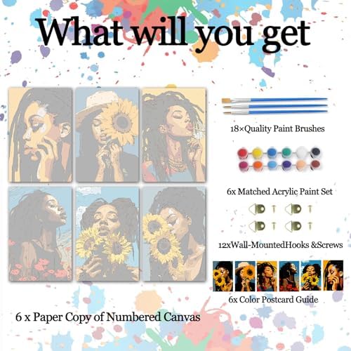 African American Girl 6 Sets Paint by Number Kit for Adults 8 x 12 inch Canvas Black Girl with Sunflowers DIY Oil Painting Easy for Beginner Paint by Numbers Acrylic Pigment-Girls Night Party Choice - Image 2