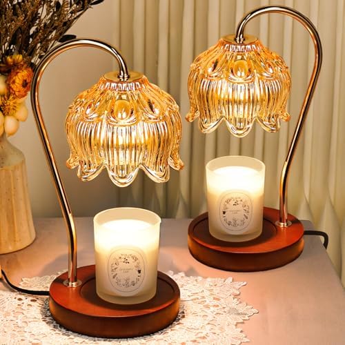 Funistree Flower Candle Warmer Lamp with Timer, Dimmable Candle Lamp Warmer, Christmas Birthday Gifts for Women Mom Her, Housewarming Home Decor, Lotus Wax Warmer for Yankee Candles - Amber-2 Pack by Funistree