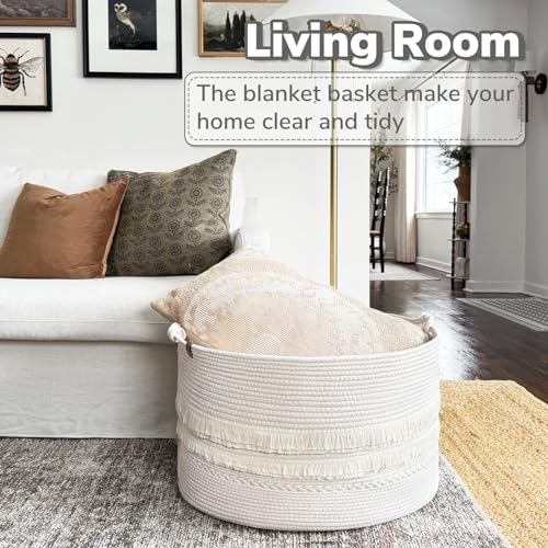CherryNow 90L Large Woven Rope Blanket Basket with Tassel, 22" x 14", White - Image 2