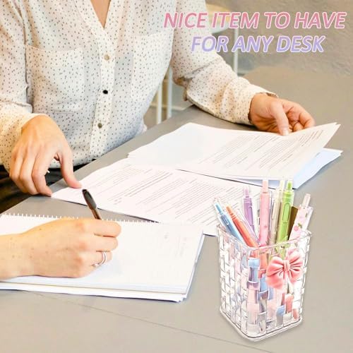 Pen Holder for Desk Cute Acrylic Makeup Brush Holder, Woven Texture with Bow Decor, Desk Stationery Desktop Caddy Cosmetic Accessories for Office, Home, School, Kitchen - Clear White - Image 4
