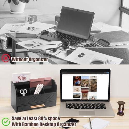 Charmewooden Black Desktop Organizer with Drawer Storage, White Desk Organizer Mail Holder Mail Organizer Countertop Pen Holder Letter Sorter Make up Organizer for School Home Office Supplies - Image 5