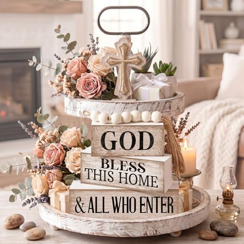 Moucuny 4 Pcs Christian Table Decor Rustic God Bless This Home Stacked Sign - Image 4