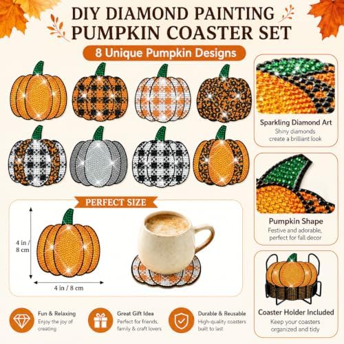 Demonwer 8 Pieces Fall Plaid Pumpkin Diamond Coasters with Holder DIY Cute Autumn Pumpkin Diamond Art Coasters 5d Diamond Coasters Round Cup Coaster for Fall Autumn Holiday Gift - Image 4