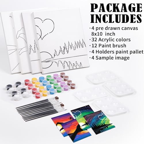 Sip and Paint Kit for Adults,Pre Drawn Canvas 4 Pack Painting Kit Party Date Night Couples Paint Art Canvas Set Valentine 8x10 in - Image 5