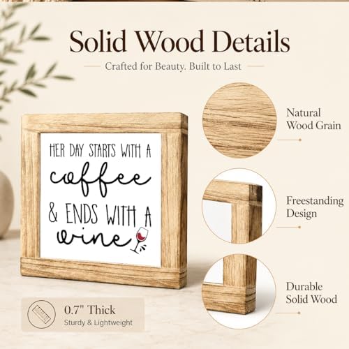 Coffee And Wine Wood Sign, Her Day Starts With Coffee Ends With Wine Plaque, Funny Kitchen Bar Decor, Rustic Shelf Accent For Countertop Dining Room Home Office, 5.9 x 5.9 in - Image 6