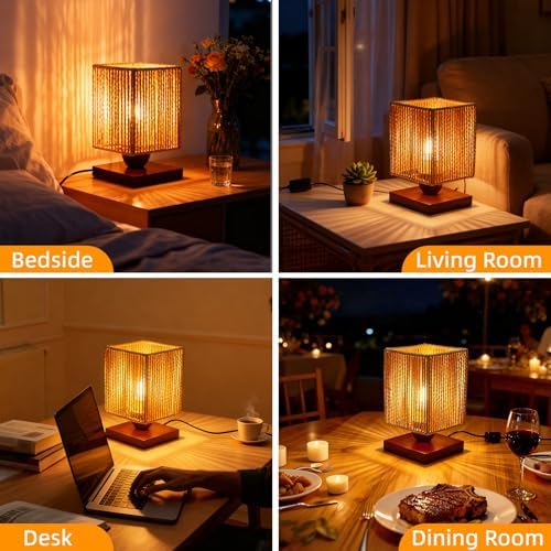 Handmade Small Rattan Lamp for Bedroom,Boho LED Desk Lamp for Living Room,Woven Bedside Night Light Lamp for Nightstands,Farmhouse Wicker Bamboo Table Lamp for Room Office Decor(LED Bulb Included) - Image 5