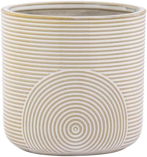 Napco Imports Contrasting Ribbed Line and Circle Design 5 x 4.75 Inch Ivory Tan Ceramic Indoor Planter Pot for Small Plants and Succulents by Napco