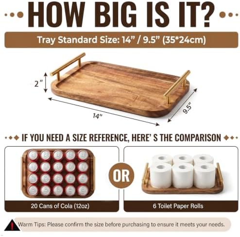 Bathroom Tray for Countertop Organizer,Vanity Tray with Gold Handle, Acacia Wood Tray for Bathroom Decor,Toilet Tank Tray, Multipurpose Organizer Rack for Lavatory, Bathroom, and Kitchen 13.98"X 9.45" - Image 4