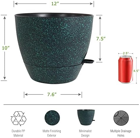 UOUZ 12 inch Large Self Watering Pots, Plastic Planters with 60oZ Removable Deep Reservoir and Multi Mesh Drainage Holes for Indoor Outdoor Garden Plants and Flowers, Black with Green Speckles - Image 2