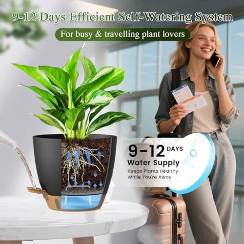 Self Watering Pots with Drainage Holes, 2 Pack 10 Inch Plant Pots with Water Level Indicator Deep Reservoir, Large Plastic Planter for Indoor Outdoor Plants - Black Brown - Image 4