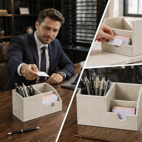 Desk Organizer Pen Holder, Aesthetic Striped White Small Organizer, Multi Slot Pencil Holder For Desk Office Desktop Stationery & Remote control Storage - Image 5