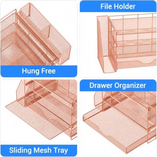 OPNICE Desk Organizers and Accessories, 4-Tier Desktop File Organizer with Drawer and Pen Holders, Office Desk Accessories Workspace Organizers for Office Supplies (Rose Gold) - Image 6