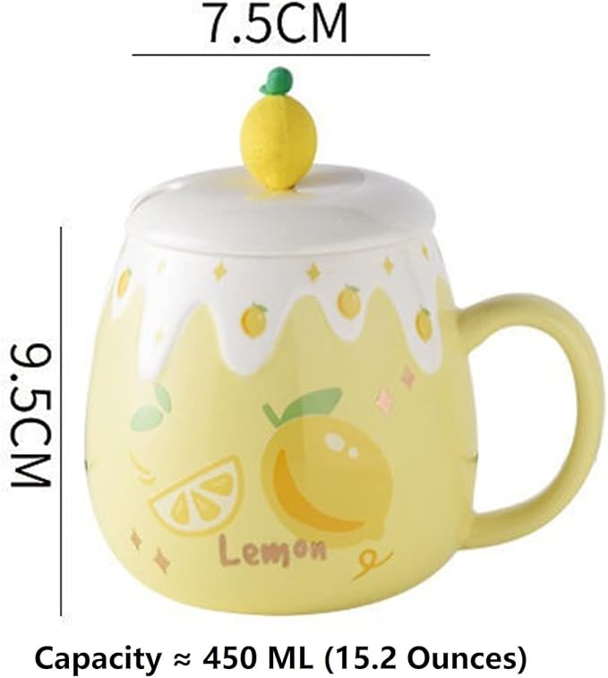 Coffee Mug Cups Ceramic Tea Cup Fruits Lemon Shaped Handmade Cute Mugs With Lid Spoon Handle Office Home Hot Ice Chocolate Milk Mugs Gifts Microwave Dishwasher Safe Travel Mugs (Yellow)