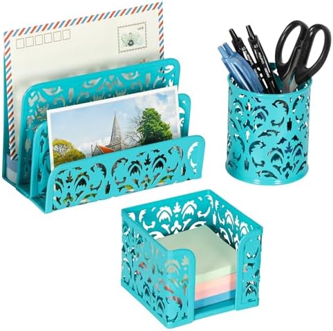 EasyPAG Desk Organizers and Accessories 3 Pieces Office Organizer Set - Pen Holder for Desk, Mail Sorter Countertop and Sticky Note Holder, Dark Teal by EasyPAG