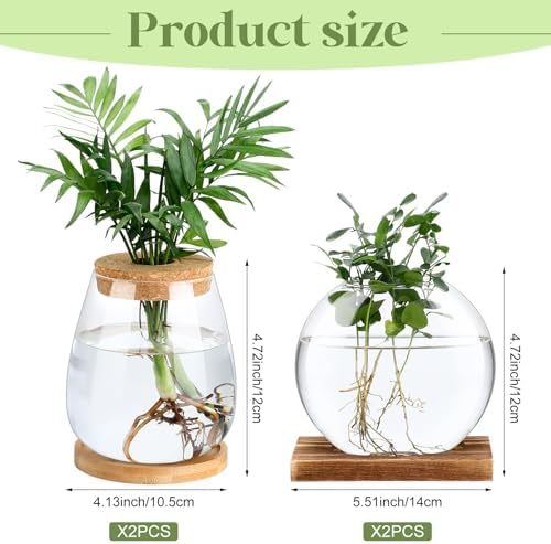 Layhit 4 Pcs Plants Propagation Stations vases Glass Planters with Wooden Lid and Bamboo Stand for Hydroponic Plants Gardening Gifts for Women Mom Home Office Tabletop Decoration(Cute Style) - Image 2