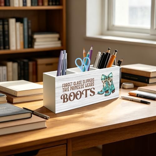Coquette Turquoise Cow Bow Western Cowgirl Makeup Brush Toothbrush Holder for Girls Bathroom Room Dorm, Cowgirl Cowboy Gifts Wood Signs Pen Pencil Holder Organizer Office Desk Accessories - Image 4