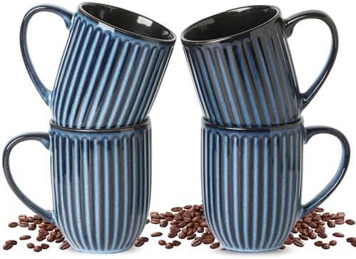 HASENSE 16 oz Ceramic Coffee Mugs Set of 4, Ribbed Navy Blue Coffee & Tea Cups, Dishwasher & Microwave Safe, Ideal for Housewarming & Wedding Gifts by Hasense