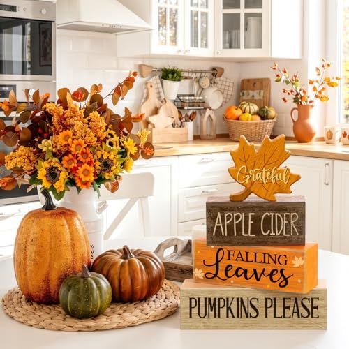 Moucuny 4 Pcs Fall Table Decor for Home, Wooden Grateful Maple Leaf Signs - Image 4
