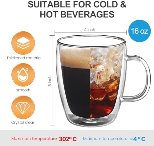 YUNCANG Double Wall Insulated Coffee Mugs, 16 Ounces - Clear Glass, Cappuccino & Latte Cups, Heat Resistant - Image 2
