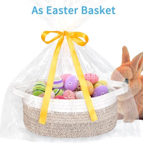 ABenkle Small Basket with Handles, Boho Decorative Rope Woven Dog Cat Toy Storage Bin Shelf Storage Organizer, Easter Christmas Gift Basket, 12"x8"x5" - Image 3