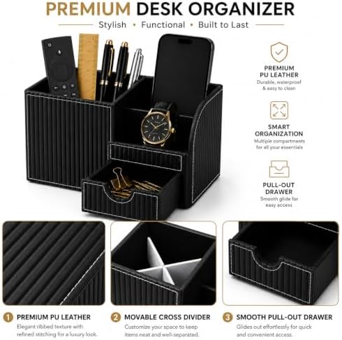 KINGFOM Executive Leather Desk Organizer with Drawer, Modern Black Desk Accessories for Men, Premium Office Desk Organizer with Pen Holder & Storage Compartments for Home Office - Image 5
