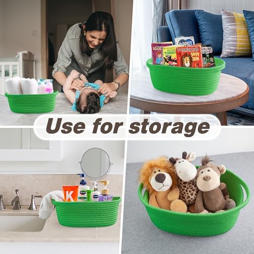 Pro Goleem Small Woven Basket with Gift Bags and Ribbons Durable Baskets for Gifts Empty Small Rope Basket for Storage 12"X 8" X 5" Baby Toy Basket with Handles, Grass Green - Image 5