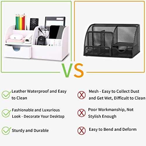 KINGFOM Pu Leather Desk Organizer Pen Pencil Holder Office Supplies Caddy Storage Box 6 Compartments with Drawer White (Full Pu Leather) - Image 4