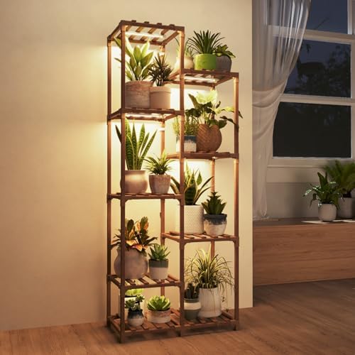 Bamworld Plant Stand with Grow Lights, 9 Tier Tall Large Wood Plant Shelf by Bamworld
