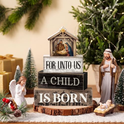 Moucuny 4 Pcs Christmas Table Decoration Christian Wooden Stacked Blocks - Image 2