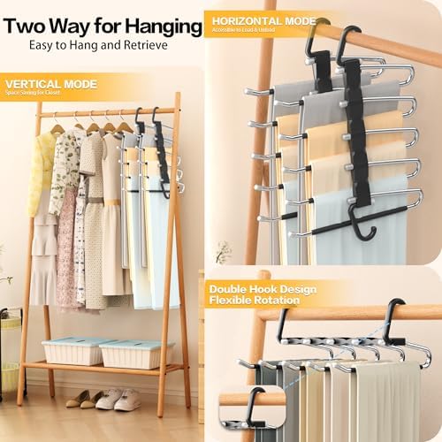 Pants Hangers Space Saving - 2 Pack Closet Organizer and Storage Jean Hangers, Stainless Steel Anti-Slip Clothes Hanger Scarf Holder for Pants Jeans Leggings Trousers Pant Rack, Black - Image 3