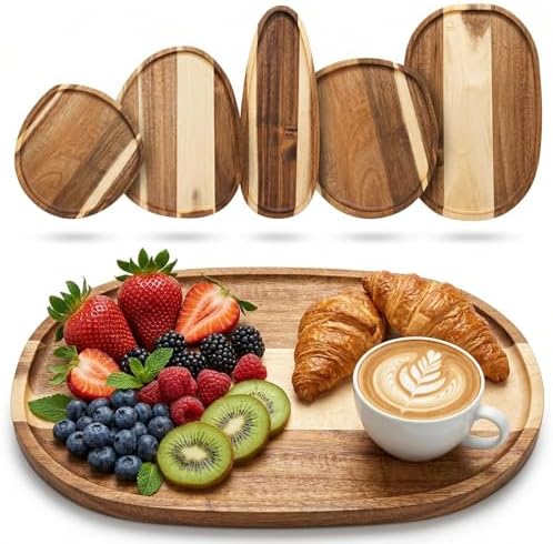 Okllen Set of 5 Small Acacia Wood Serving Platter and Trays, Irregular Oval Solid Wood Plates Serving Tray, Lightweight Wood Dinner Plates for Breakfast, Coffee, Tea, Snack, 6.3~11.7" L, 5.1~8.2" W by Okllen