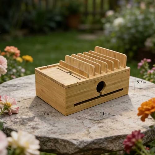 Bamboo Charging Station Organizer for Multiple Devices with 5 Cables - Image 7