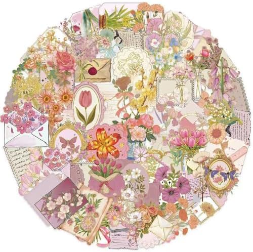 50Pcs Vintage Stickers,Waterproof Transparent PET Aesthetic Decorative Sticker Scrapbooking Supplies for Adult Card Making Letters Planner Journaling Junk Journal DIY Water Bottles Art Craft.Flowers by Bestartsuppliesforyou