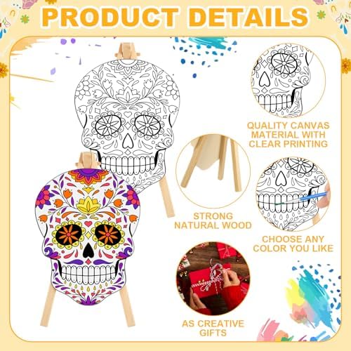 Supervitae 72 Piece Sugar Skull Pre Drawn Canvas Kit 5.9" Dia De Los Muertos Sip and Paint Kit for Adults Painting Party Pre Printed Canvas DIY with Pictures Paints Easels Brushes for Party Gifts - Image 3