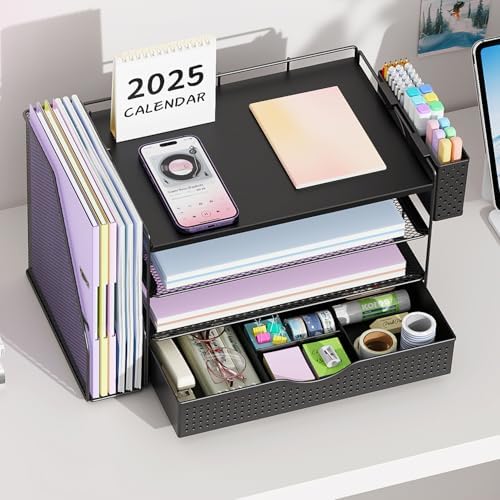 Wood Desk Organizers and Accessories with File Holder, 4-Tier Desk Accessories & Workspace Organizers with Drawer and Pen Holder, Desk Reference Organizer (Black, 4T with Drawer) - Image 6