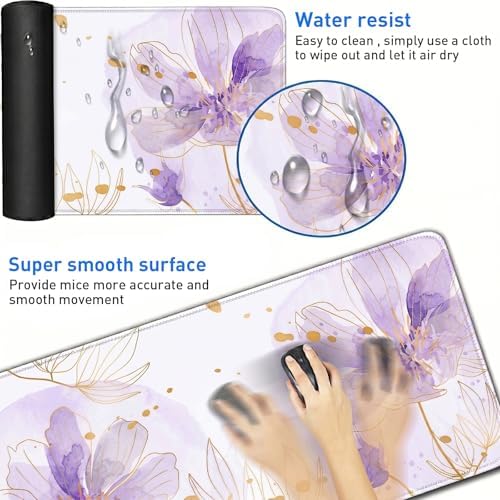 Purple Desk Mat, Aesthetic Floral Large Mouse Pad, 35.4 x 15.7 Inch XXL Keyboard Mat Non-Slip Waterproof Desk Pad, Full Desk Protector for Women Office Home (Purple) - Image 5
