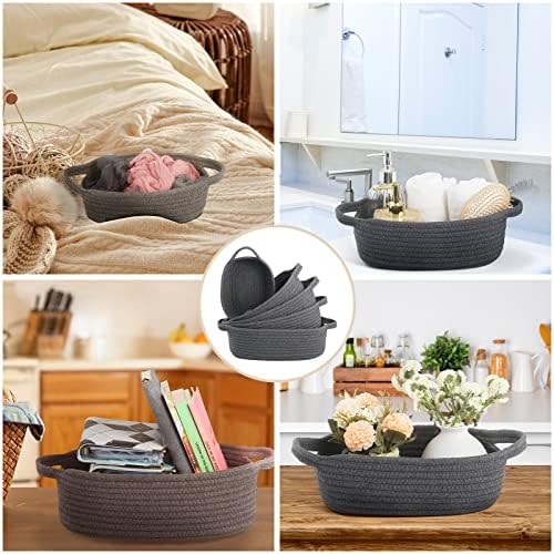 VOOWO Set of 5 Rectangular Cotton Rope Baskets for Storage, Organizing, Decorating, Dark Gray - Image 6