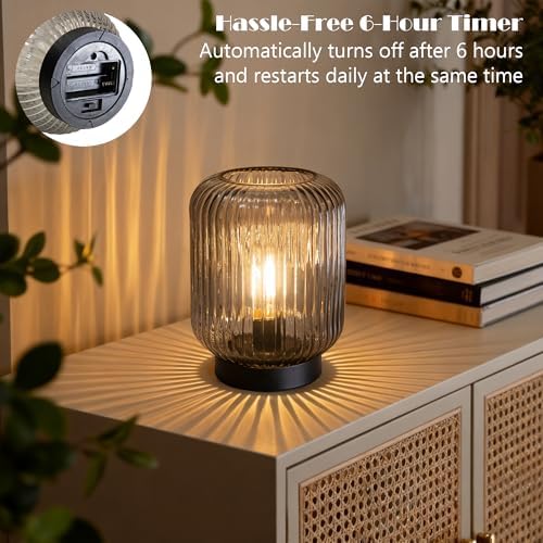 LUSHARBOR Battery Operated Lamp, Cordless Table Lamps for Home Decor, Battery Powered Nightlight with LED Bulb, Decorative Glass Beside Lamp for Bedroom Living Room-Grey - Image 5