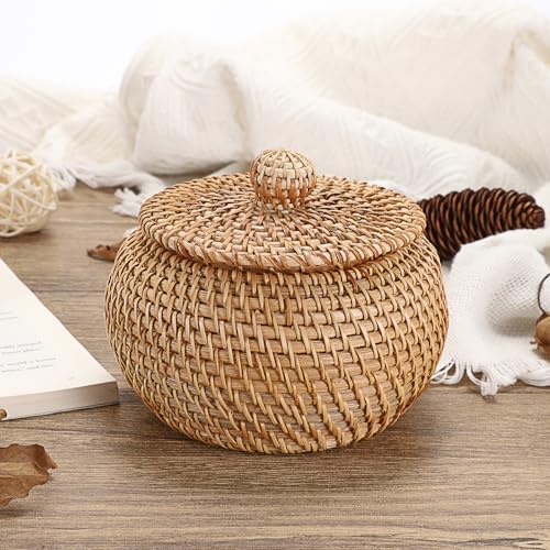 Hipiwe Round Rattan Basket Box with Lid Wicker Storage Baskets Bin, X-Small - Image 6