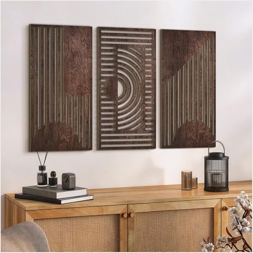 VIYYIEA Boho Solid Wood Carved Wall Art Set of 3, Geometric Minimalist Wooden Home Decor Panels, Handcrafted Solid Wood Wall Hanging for Living Room Bedroom Hallway, 16 x 8 Inch Each (Geometry I) by VIYYIEAART